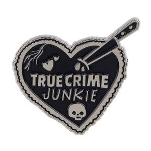 True Crime Junkie Heart-Shaped Skull Enamel Pin - Perfect for Mystery Lovers